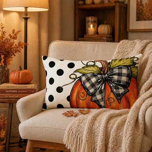 Polka Dot Pumpkin Throw Pillow Cover 12x20 Inch - Autumn Fall Decor