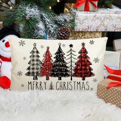 THAWAY Christmas Pillow Cover - 12x20 Inch Red Black Buffalo Plaid