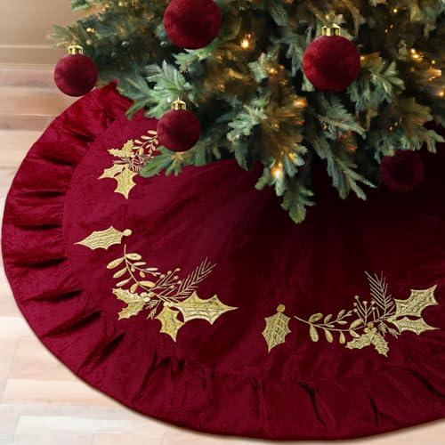 Christmas Tree Skirt 72 Inch Gold Embroidered Holly Style Red with Variation of THIS listing