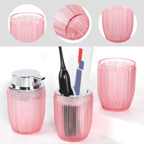Tonxus 3-Piece Pink Glass Bathroom Accessory Set with Soap Dispenser
