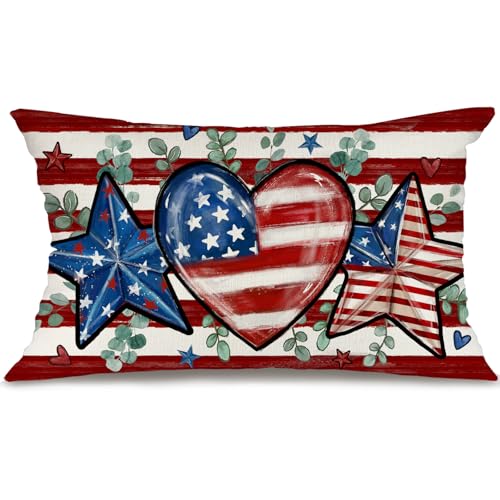 4th of July Throw Pillow Cover 12x20 Inch Patriotic Farmhouse Decor