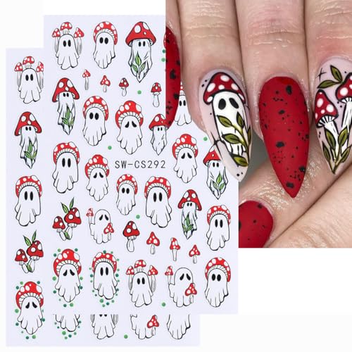 QUNQINLI 2 Sheets 3D Halloween Ghost and Mushroom Nail Art Stickers
