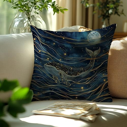 Navy Blue Whale and Moon Pillow Cover 18x18 - Cozy Flannelette Decor
