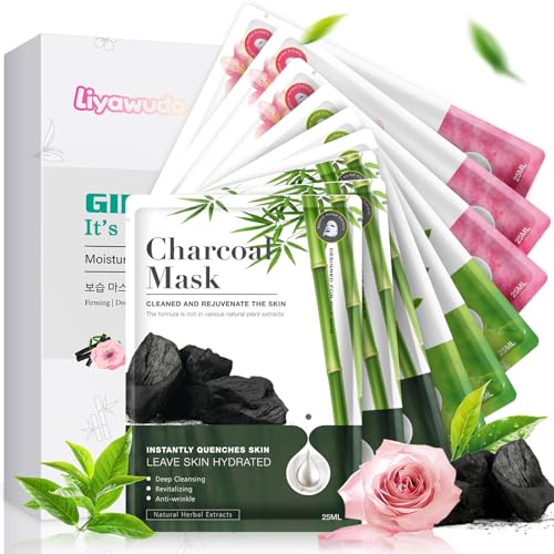 Liyawudo Hydrating Face Mask Set 9-Pack Sheet Masks with Green Tea, Sakura & Charcoal