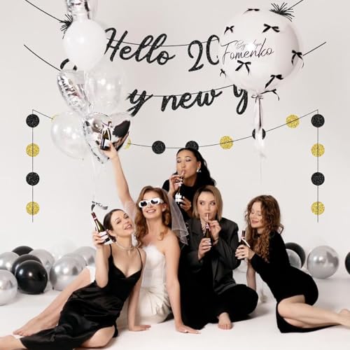 2026 Happy New Year Banner - Black Glitter Party Decoration