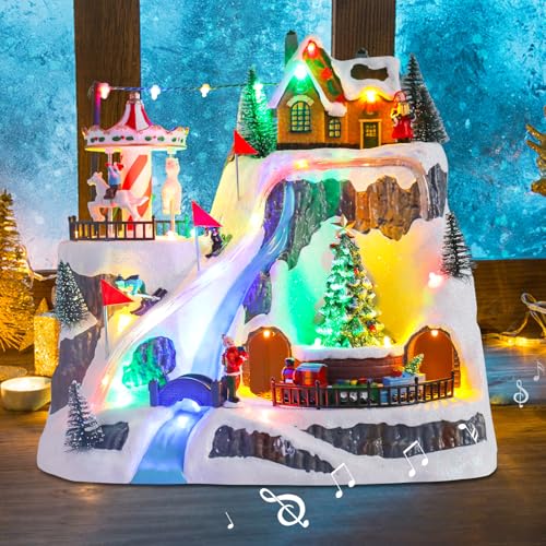 Christmas Village House Musical Skiing Mountains with LED Lights & USB