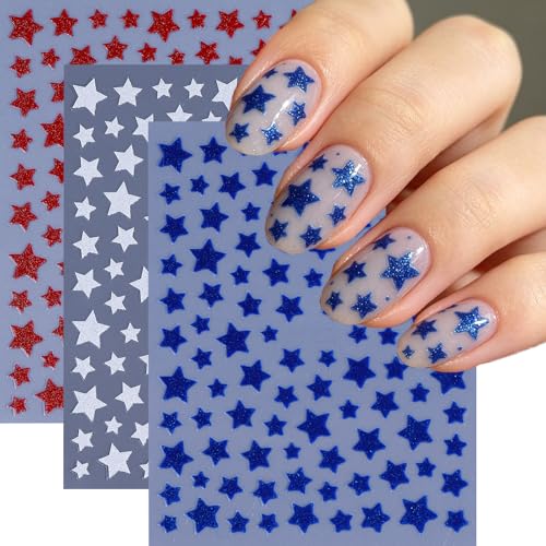 3D Self-Adhesive Nail Stickers Star Decals Red White And Blue 3 Sheets