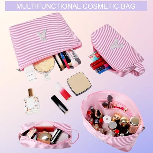 Initial Makeup Bag Personalized Striped Cosmetic Toiletry Pouch Pink M