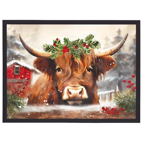 Christmas Highland Cow Yak Wood Decor Sign - Rustic Farmhouse Wall Art - 24 x 18 Inch - Made in USA - Christmas Yak Variation