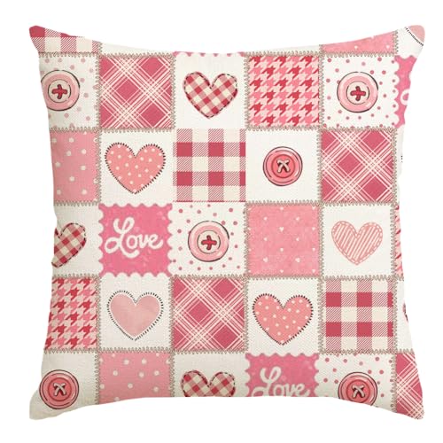 Pink Plaid Heart Valentine Pillow Cover 18x18 | RABUSOFA