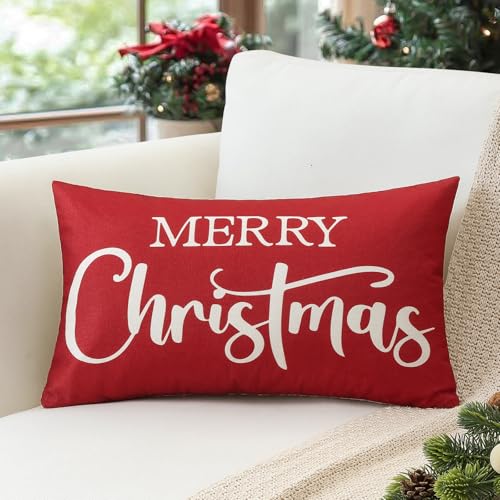 Artscope Merry Christmas Lumbar Pillow Cover 12x20 Inch - Red