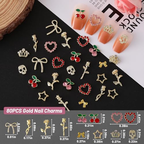 ALGLEA 80Pcs Gold Nail Charms Set Y2K 3D Metal Nail Art Gems