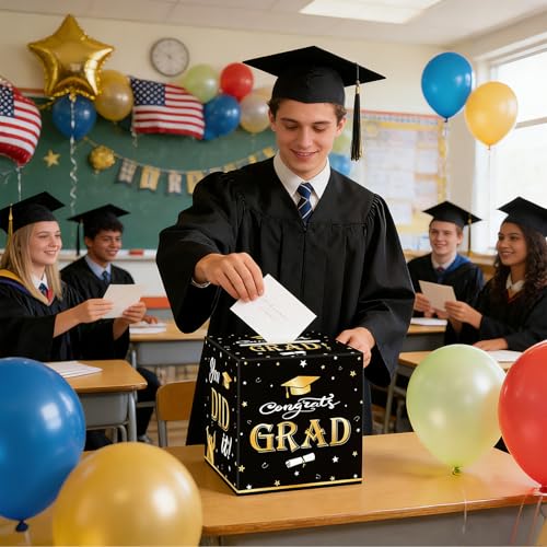 2026 Graduation Card Box - Foldable Black & Gold Gift Holder