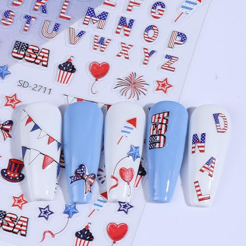 4th of July 5D Embossed Nail Stickers - 6 Sheets Patriotic Stars & Fireworks