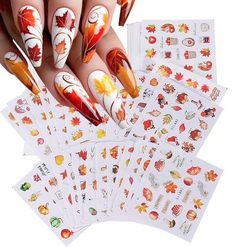 Autumn Water Nail Decals 24 Sheets Fall Thanksgiving Nail Art Stickers