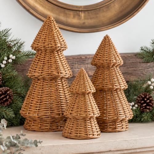 MiniInflat 3-Piece Woven Rattan Christmas Tree Decor Set Classic Weave Burlywood