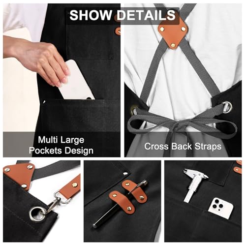 ZOMAO Black Chef Apron for Men & Women - Waterproof Cotton Canvas with Large Pockets
