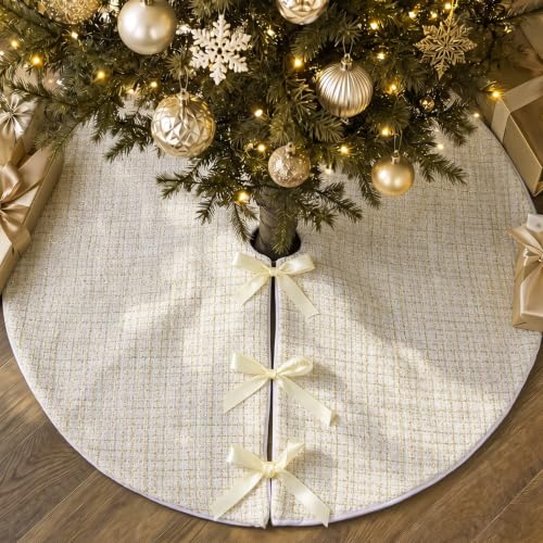 48 Inch White Tweed Christmas Tree Skirt - Farmhouse Holiday Decor