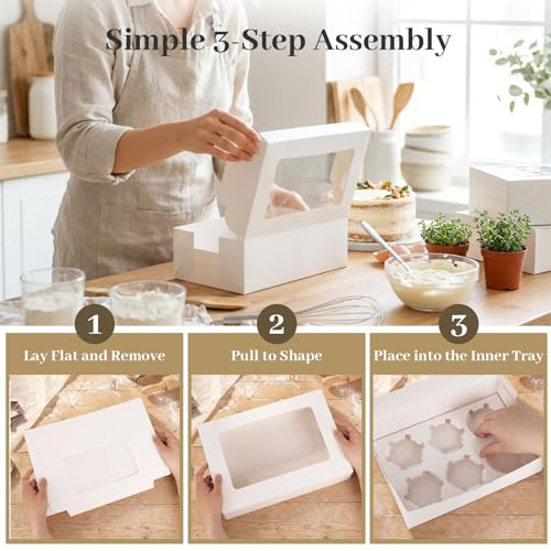 VGOODALL 6-Count Cupcake Boxes with Window - White (6-Pack Set)