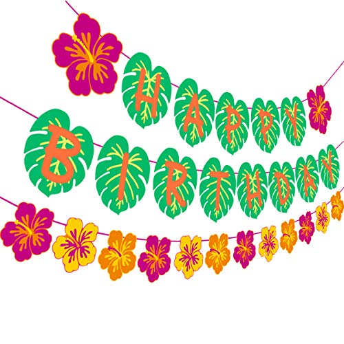 Tropical Luau Happy Birthday Banner with Palm Leaves & Flowers