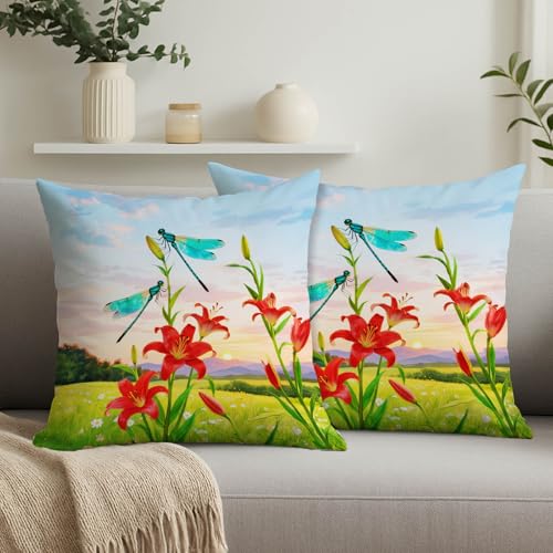 Spring Dragonfly Throw Pillow Covers 18x18 Red Floral Decorative Cushion