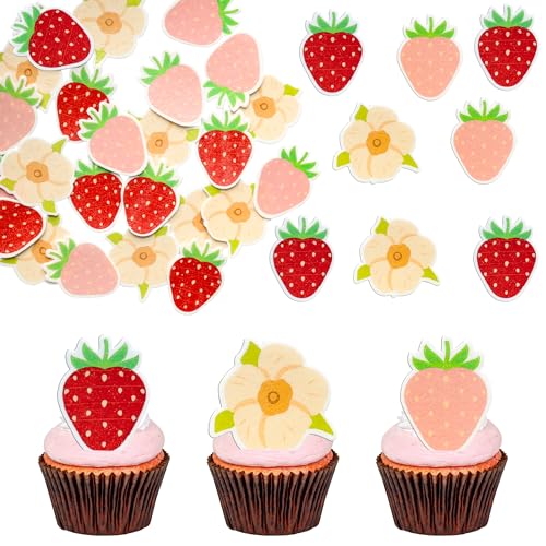 60Pcs Edible Strawberry Cupcake Toppers - Wafer Paper Cake Decorations