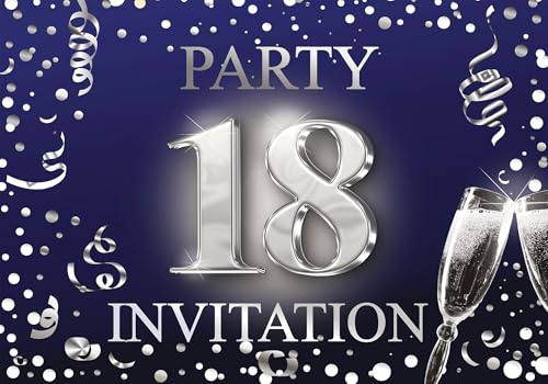 Elegant Dark Blue & Silver 18th Birthday Invitation Cards - Set of 10