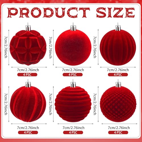 24 Pc Christmas Red Burgundy Velvet Ball Ornaments - 2.76 Inch Flocked Holiday Decor