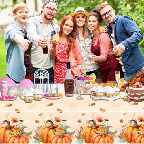 Yellow Pumpkin Disposable Tablecloths 2 Pack - Thanksgiving & Holiday Party Covers 54 x 108 Inches