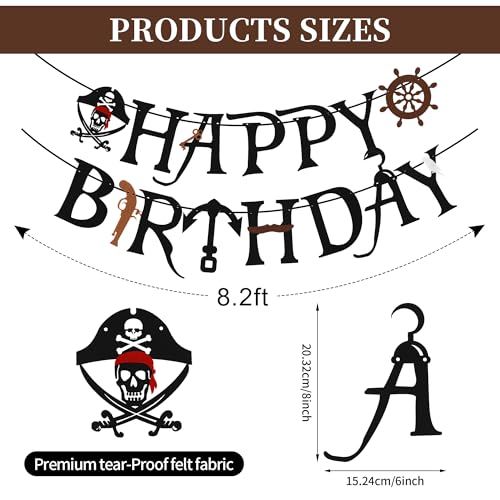 Black Felt Pirate Happy Birthday Banner - Reusable Party Bunting Decor