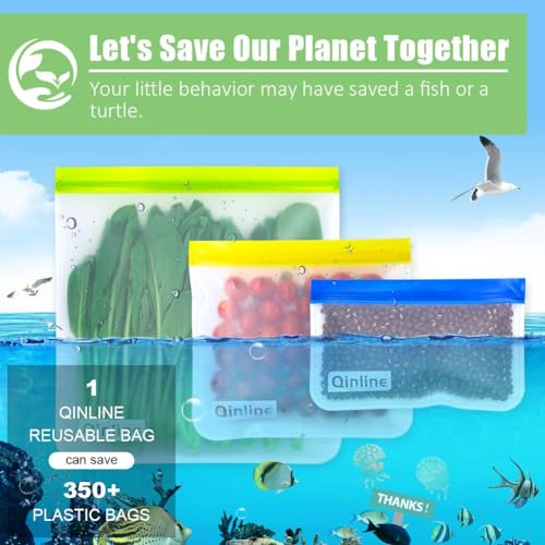 Qinline 10-Pack Reusable Food Storage Bags - Leakproof PEVA Freezer Bags