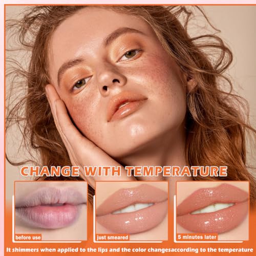 Color Changing Lip Oil Stain 2PCS Hydrating Shimmer Gloss Strawberry Orange