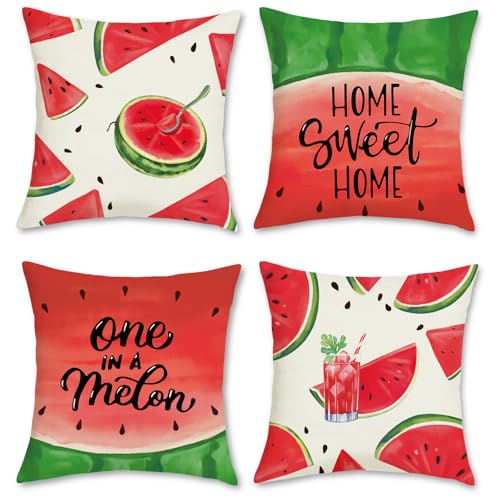 Bonhause Watermelon Throw Pillow Covers 18x18 Inch Pack of 4 Summer Red Green Fruit