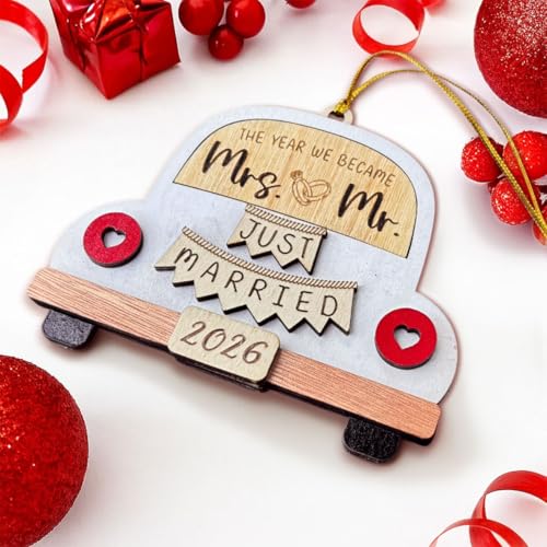 2026 First Christmas Married Ornament - Rustic Laser-Engraved Wedding Gift