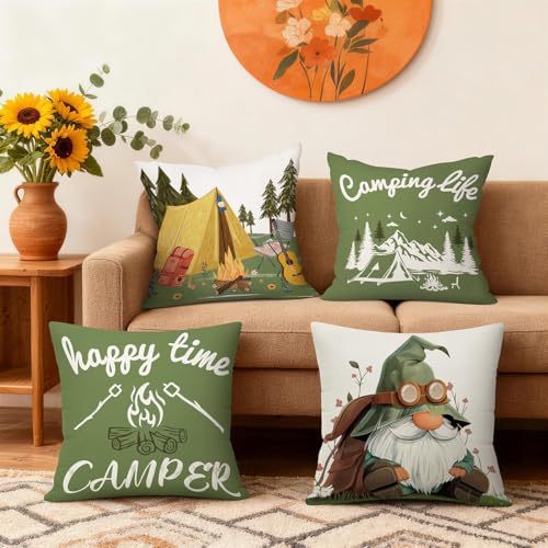 NymphFable Camping Gnome Throw Pillow Covers 18x18 Inch Set of 4