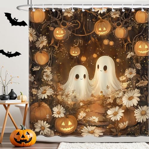 Cute Halloween Shower Curtain - Orange Pumpkin & Ghost - 72x72"