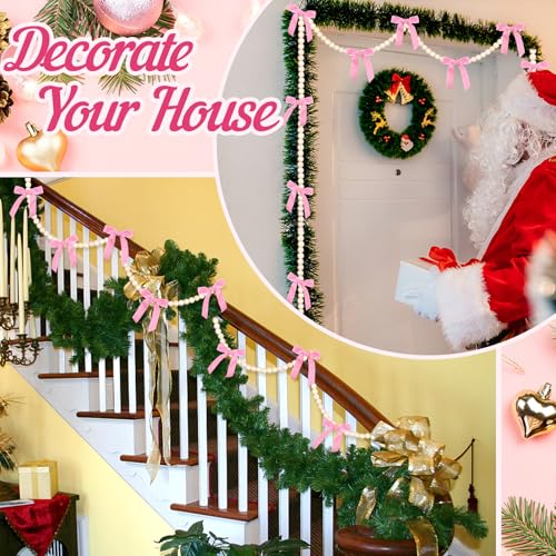 Pink Pearl Garland with Satin Bows 9.8Ft Christmas Party Decor