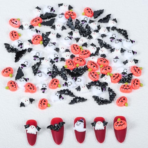 MOLILON 100Pcs Halloween Nail Charms 3D Resin Pumpkin Ghost Bat Gems