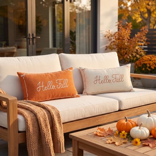 Hello Fall Embroidered Lumbar Pillow Cover 12x20 - Beige Chenille