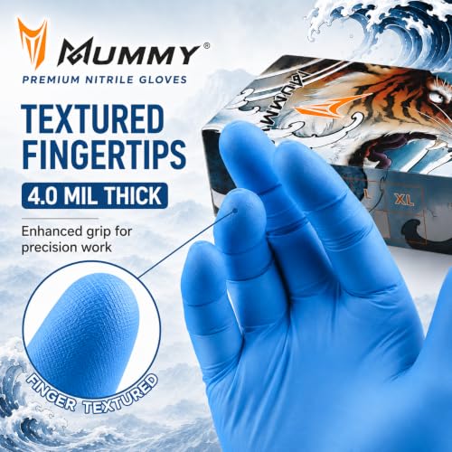 Mummy Blue Textured Nitrile Gloves 4 Mil S-100 Disposable Powder-Free for Tattoo, Beauty, Home, Gardening