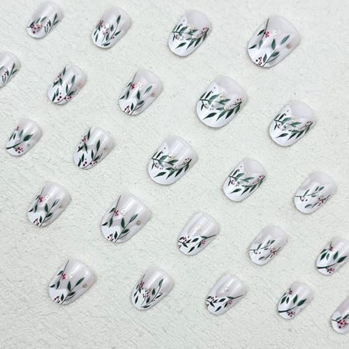 Christmas Press on Nails Short Almond French Tip Fake Nails 24Pcs