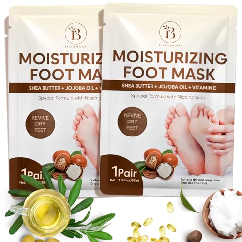 BLOOMORA Hydrating Foot Mask Socks for Dry Cracked Feet with Shea Butter