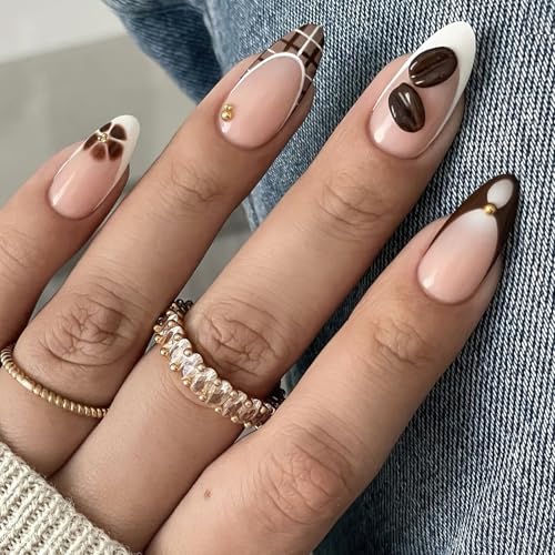 Jremg Brown French Tip Press on Nails Medium Almond 3D Coffee Beans
