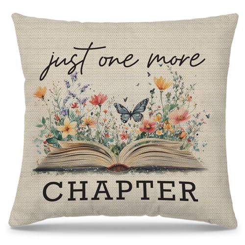 Just One More Chapter Pillow Cover, 18x18 Bookish Floral Throw Case