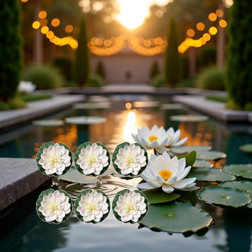 Set of 6 Large White Artificial Lotus Flowers with Lily Pads