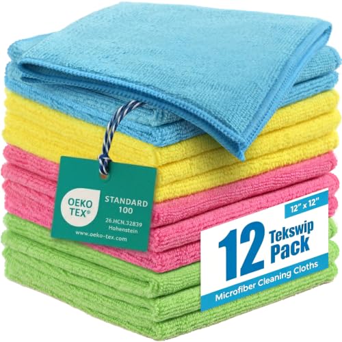 Tekswip Assorted Microfiber Cleaning Cloths 12 Pack 12x12 Inch Reusable & Lint-Free