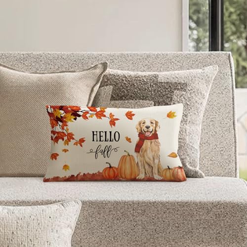 Hello Fall Golden Retriever Lumbar Throw Pillow Cover, 12x20 Inch Autumn Decor