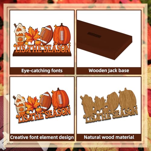 Fall Wooden Table Centerpiece Decor - Football, Pumpkin & Leaf Design, 11.8x6 Inches