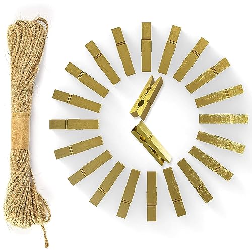 50pcs Mini Gold Wooden Clothespins 3.5cm with Jute Twine for Photo Display
