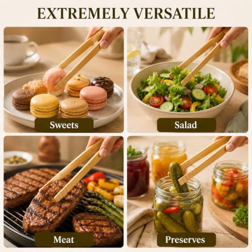 2PCS Bamboo Toaster Tongs - Anti-Slip Wooden Kitchen Utensils